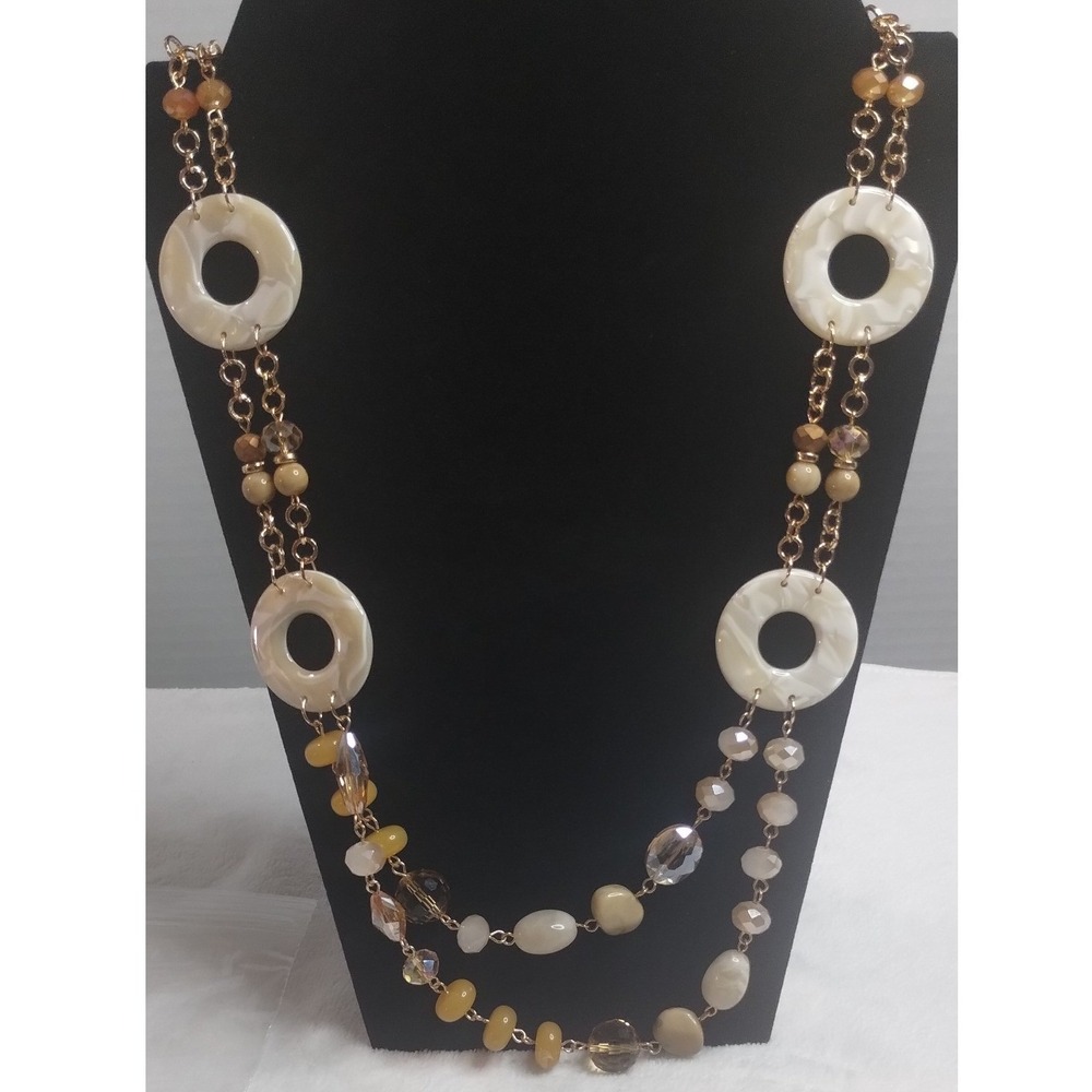 Gold Tone Layered Statement Necklace Cream Resin Circles Amber Glass Beads Long